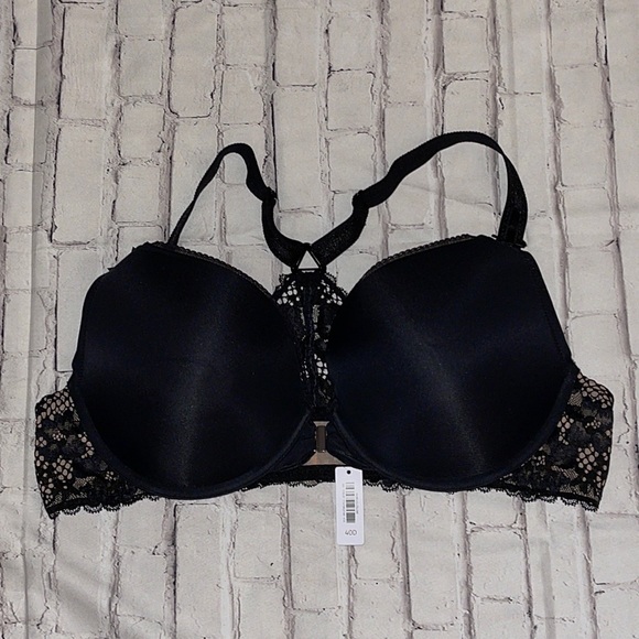 NWT- ADORE ME FRONT CLOSURE T STRAP BRA SIZE 40D black with nude sides. - Picture 1 of 7